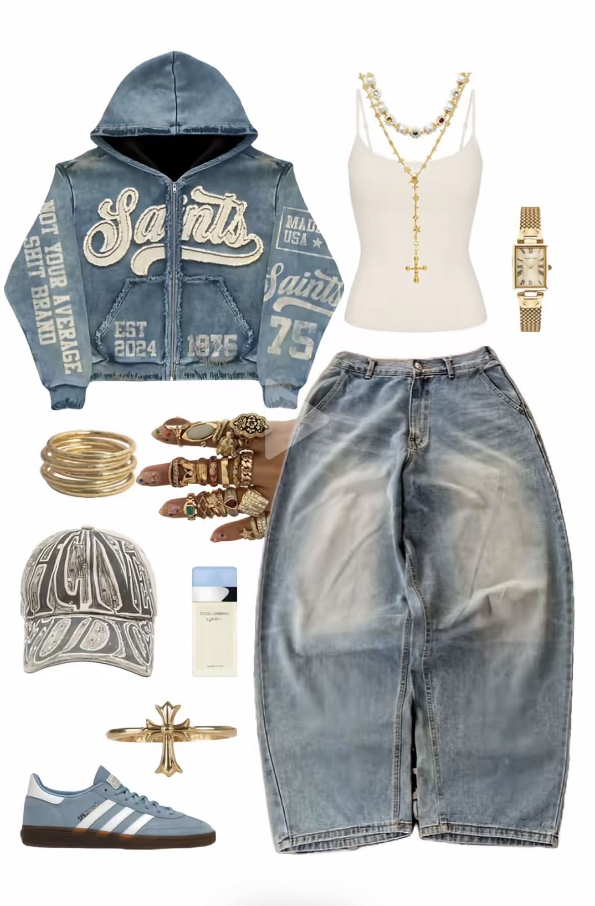 Baggy denim outfit showing the guide’s overall silhouette